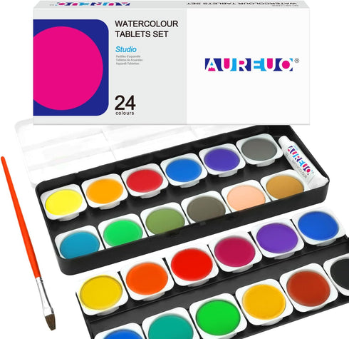 AUREUO Kids Watercolor Paint Set - 24 Colors Vibrant Watercolor Cakes with Plastic Palette & Paint Brush for Kids, Students, Beginners & Adults...