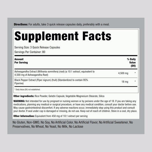 Piping Rock Ashwagandha Supplement 4500 mg | 240 Capsules | Herbal Extract | with Black Pepper | Non-GMO, Gluten Free...