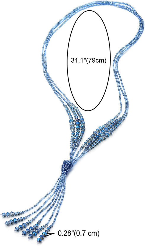 COOLSTEELANDBEYOND Boho Chic Lariat Necklace Tassel Pendant Pastel Blue Crystal Bead Three-strand Long Chain Y-Shape...