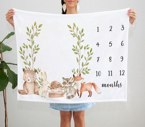Woodland Milestone Blanket, Forest Animals Baby Growth Chart Monthly Blanket, Watch Me Grow Woodland Bear Fox Baby Nursery for New Moms Baby Showe...
