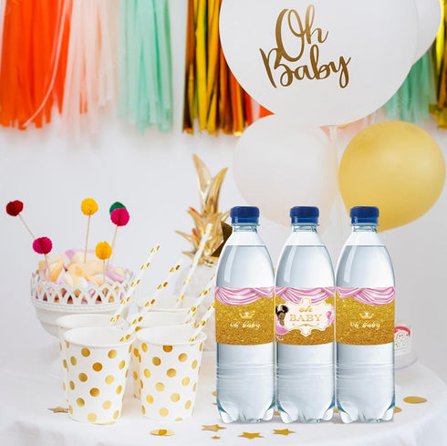 32pcs Gold Oh Baby Water Bottle Labels, Pink Glitter Gender Reveal/1st Birthday Bottle Stickers, Princess Sign Bottle Wrappers, Welcome Baby/Sweet...