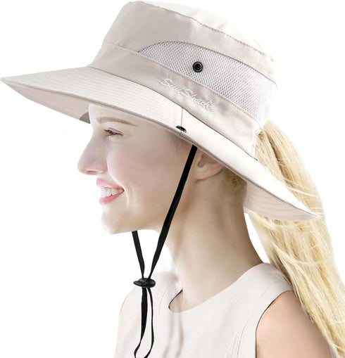 Women's Sun Hat with Ponytail Hole Sun Shade Hat UV Protection Foldable Mesh Wide Brim Beach Fishing Hat for Women...