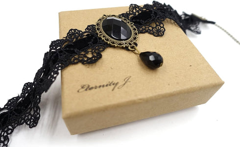 ETERNITY J. Retro Handmade Craft Lace Royal Court Vampire Choker Gothic Necklace Bracelet Black Pendant Chain...