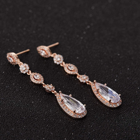 SWEETV Long Pear-Shaped Rose Gold Wedding Birdal Earrings for Brides, Bridesmaids, Crystal Chandelier Dangle Drop Earrings for Women Prom...