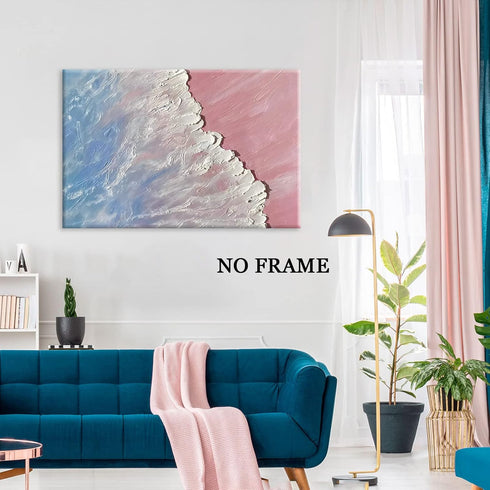 Pink Beach Canvas Wall Art Abstract Blue Ocean Poster White Wave Picture Pink Blue Seascape Canvas Abstract Landscape Painting Pink Blue Abstract ...