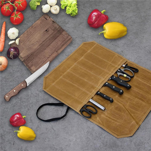 Knife Roll, Waxed Canvas Chef's Knife Roll Bag, 7 Knife Slots for Cutlery Knives and Kitchen Utensils, Knife Storage Case Knife Carrier Perfect fo...