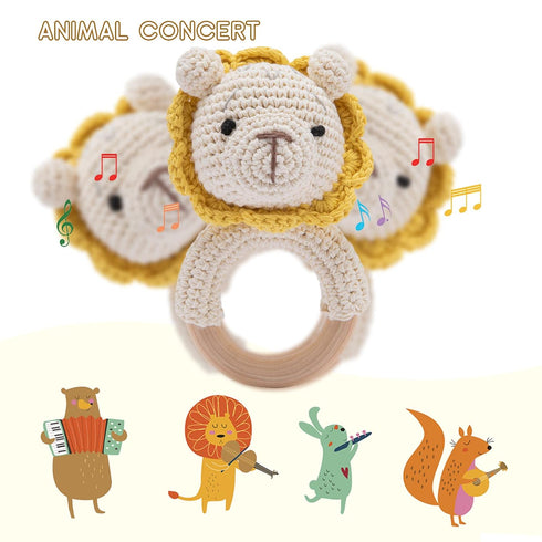 Wooden Baby Rattle Crochet Lion Baby Toys Handmade Newborn Toy Early Development Grips Stuffed Animal Organic Rattle...