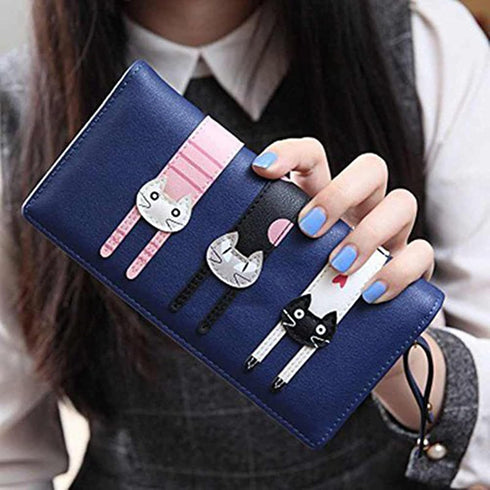 Mini Faux Leather Bifold Cute 3 Cat Zipper Clutch Wallet Handbag for Women Girls...