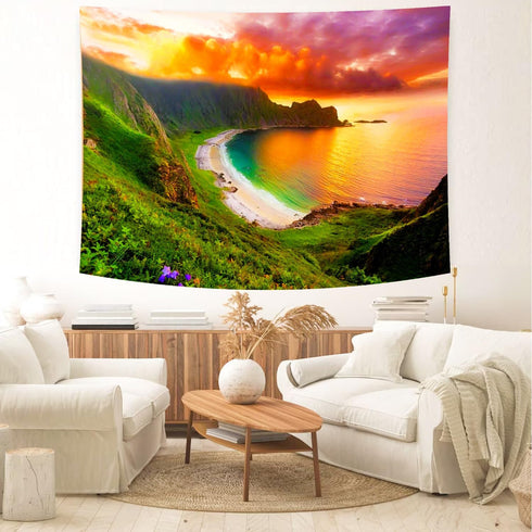 Delur Beach Sunset Tapestry Forest Nature Landscape Tapestry Wall Hanging Scenic Tree Mountain Tapestry Psychedelic Coastal Sunrise Headboard Tape...