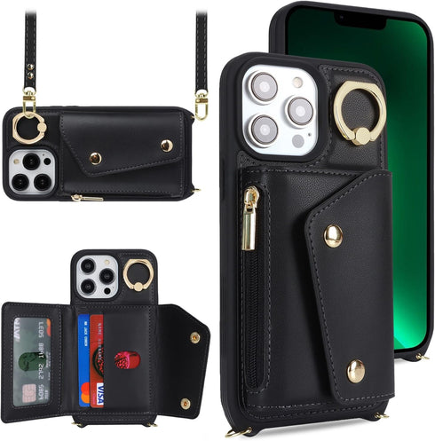 for iPhone 12 Pro Max Case with Card Holder and Strap - Zipper Pocket,Crossbody Lanyard Strap,Credit Card Holder,Stand Ring,Cute Phone Wallet Case...