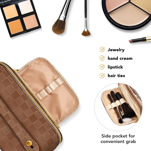 stona Travel Makeup Bag for Women, Large Capacity PU Leather Waterproof Checkered Cosmetic Bags, Portable Pouch Open Flat Toiletry Bag, Make up Or...