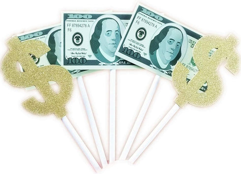 250gsm Cardstock 24pcs 100 Dollar Bill Cupcake Toppers Dollar Sign Cupcake Toppers Money Themed Decors for Birthday Anniversary Wedding Bridal Sho...