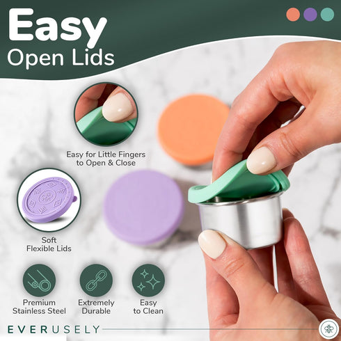 Everusely Condiment Cups - 3 Pack, 1.7 oz / 50 ml, Bright, Stainless Steel - Condiment Containers with Lids - Reusable Salad Dressing Container To...