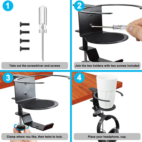 LBTING 2-in-1 Adjustable & 360 Rotating Office Gaming Accessories for Under Desk Headphone Stand, Hanging Headset, Holding Coffee Mug, Drinks, Wat...