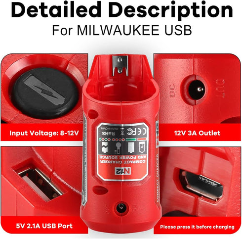 M12 Power Source Replacement for Milwaukee 12V Battery with with 2.1A Wall Plug, USB Port & DC 12V Outlet Portable Heated Jacket Battery Adapter f...