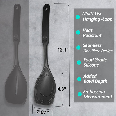 Large Silicone Cooking Spoon, Non-Stick Solid Spoon set with Deep Bolw and Measurement Mark for Mixing, Serving, Draining, Scooping, Scraping, Hea...