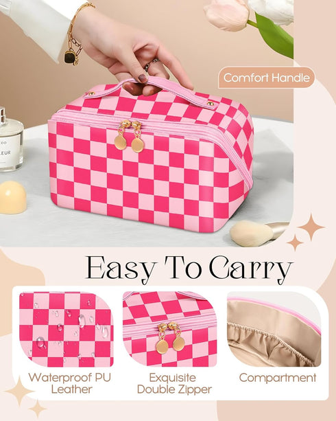 Bistup Makeup Bag Travel Cosmetic Bag Toiletry Make Up Bags Cute Women Large Capacity Big Medium Leather Checkered Plaid Hotpink Aesthetic Girl Te...