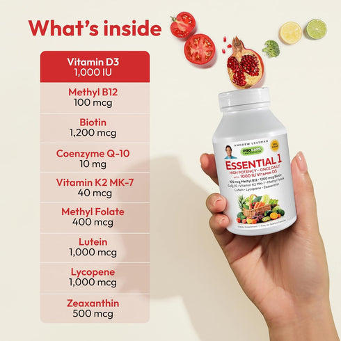 ANDREW LESSMAN Essential-1 Multivitamin 1000 IU Vitamin D3 30 Small Capsules – 100 mcg Methyl B12. CoQ10 Lutein Lycopene Zeaxanthin. High Potency....