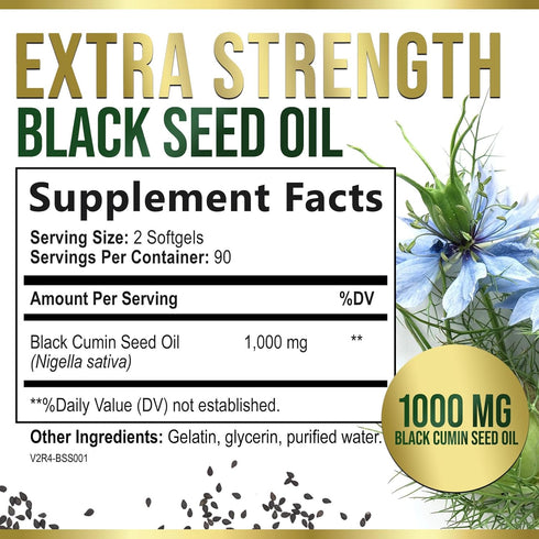 Black Seed Oil Softgels 1000mg - Premium Nigella Sativa Blackseed, Pure Natural Black Cumin Seed Oil & Antioxidant for Skin & Immune Support - Non...