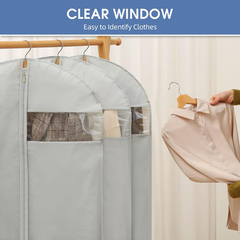 43" Garment Bags for Hanging Clothes, Suit Bags for Closet Storage and Travel, Grey Suit Cover Bags With Clear Window for Coats, Jackets, Shirts (...