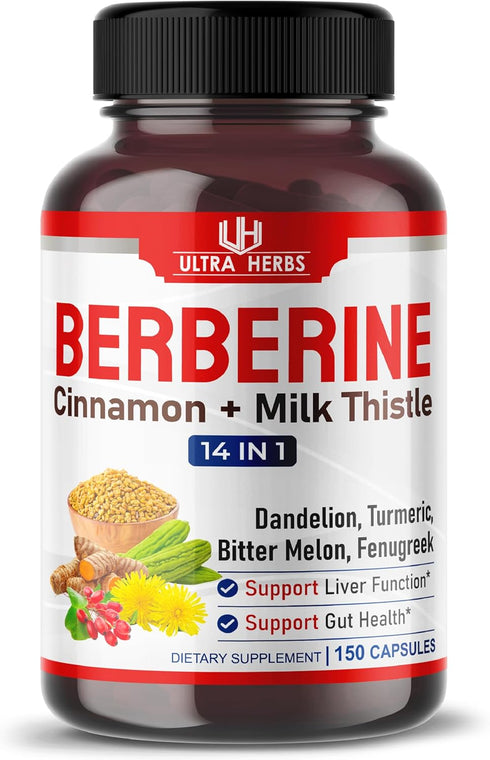 Premium Berberine 12,200MG with Cinnamon, Milk Thistle *USA Made & Test* Promotes Liver Function, Gut Health, Immunity (150 Count (Pack of 1))...