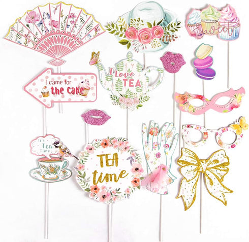 SUNBEAUTY 14 Pcs Tea Party Photo Booth Props Tea Party Decorations Alice in Wonderland Party Supplies Garden Party Bridal Shower for Girls Women...
