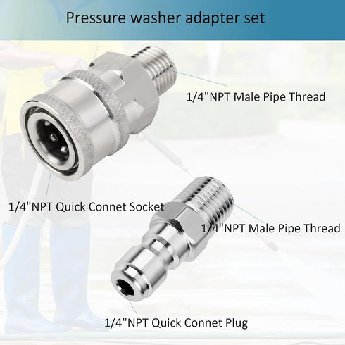 2 Sets NPT 1/4 Inch Pressure Washer Coupler Quick Connect Plug Stainless Steel Male and Female Quick Connect Fittings Pressure Washer Adapter Set ...