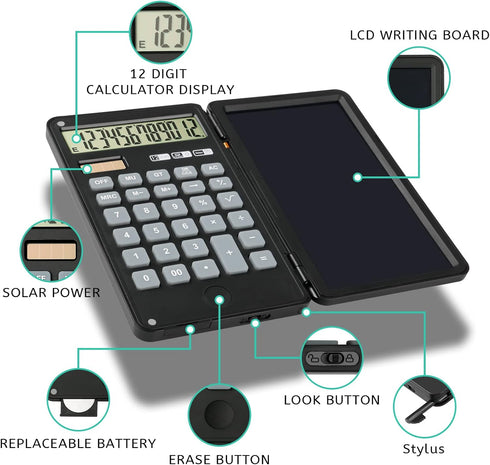 Calculator, 12-Digit Large Display Office Desk Calcultors with Erasable Writing Table, Solar and Battery Dual Power Pocket Desktop Calculator for ...