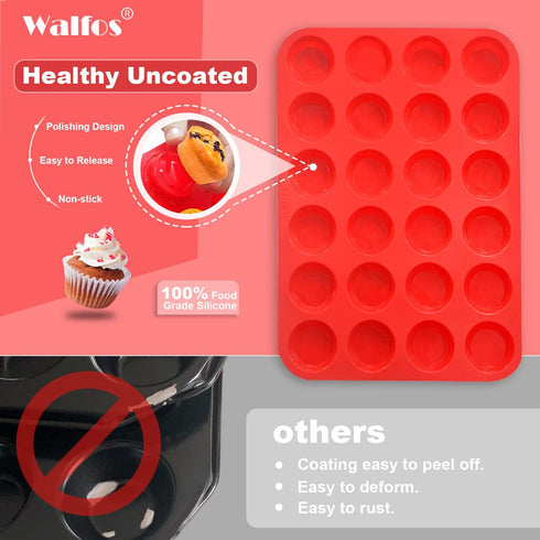 Walfos Mini Silicone Muffin Pan - 24 Cups, BPA Free and Dishwasher Safe, Non-stick Silicone Cupcake Baking Pan, Great for Making Muffin Cakes, Tar...