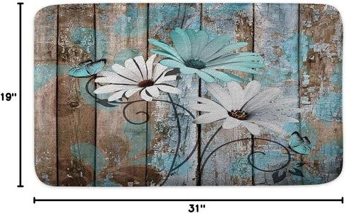 Farmhouse Floral Flower Bath Mat, Teal Daisy Rustic Wooden Plank Country Barn Wood Turquoise Blue Non-Slip Flannel Soft Doormat Floor Entryways Ou...