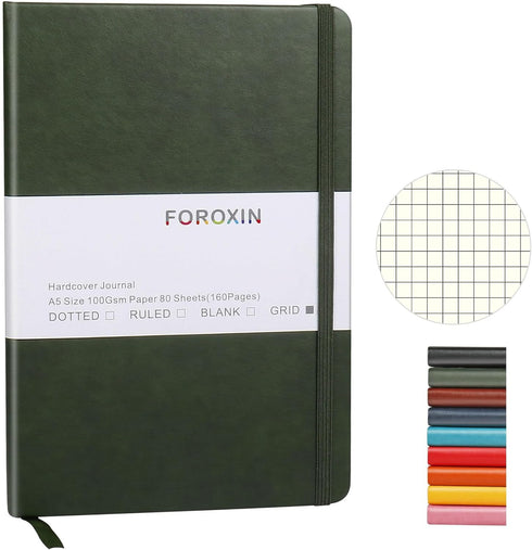 Grid Journal Bullet Notebook - Dark Green Leather Cover, 8.3 x 5.7Inch, 160 Pages, 100gsm Paper, Hardcover with Inner Pocket, Elastic Closure and ...