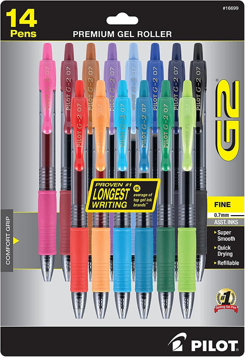 PILOT, G2 Premium Gel Roller Pens, Fine Point 0.7 mm, Assorted Colors, Pack of 14...