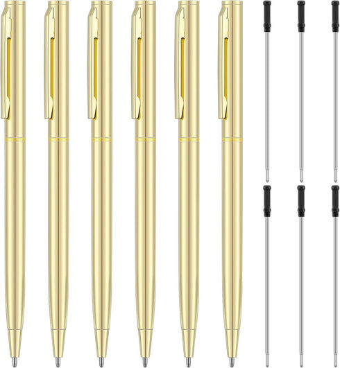 6 Pieces Metallic Ballpoint Pen Slim Retractable Ballpoint Pen Black Ink Metal Pen Mini Conical Ballpoint Pen and 6 Refills for Wedding Business O...