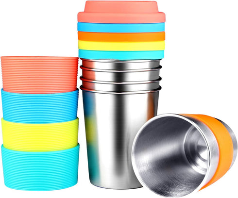 KEREDA Kids Stainless Steel Cups With Silicone Lids & Sleeves, 5 Pack 8 oz. Drinking Tumblers...