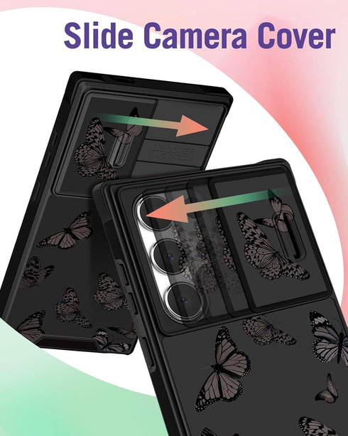 ?2in1 for Samsung Galaxy S24 Ultra Case Women Cute Girls Phone Cover Girly Aesthetic Black Butterfly Unique Design Camera Cover Compatible with Ma...