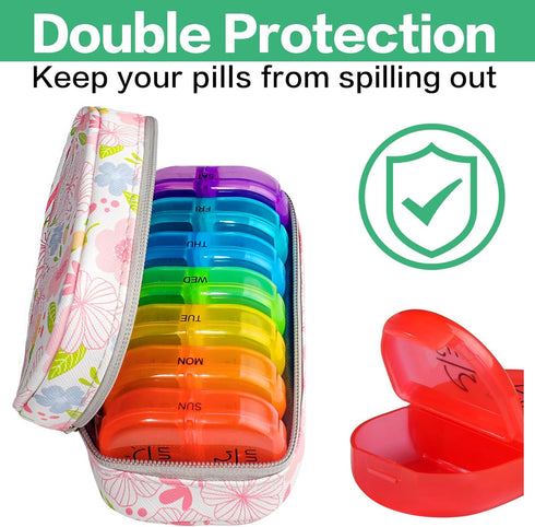 Serfeymi Weekly Travel Pill Organizer 2 Times A Day AM PM Upgraded Rainbow Pill Box 7 Day with Portable Zipper PU Leather Pill Case, Medicine Orga...