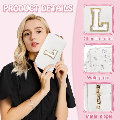 Personalized Initial Preppy Travel Makeup Bag Organizer, Small White Cute Cosmetic Bag Toiletry Zipper Pouch for Women, Portable Waterproof PU Mak...