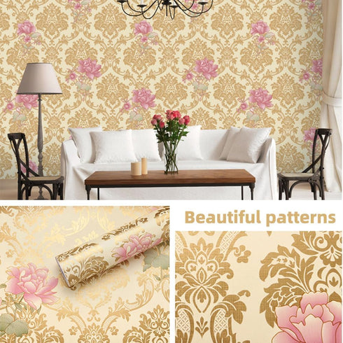 Self-Adhesive Shelf Liners Paper, Removable Self Adhesive Shelf Liner Dresser Drawer Wall Stickers Home Decoration, Gold Pink Flower 17.8 x 118 In...
