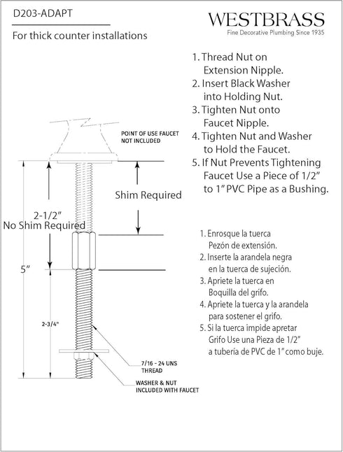 Westbrass D203-ADAPT 1/4 in. x 3 in. Threaded Shank Cold Water Dispenser Faucet Extension Adapter for Thick Countertops, Chrome...