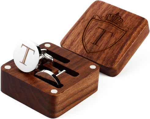 Mens Initial Silver Cufflinks A-Z Alphabet Letter Steel Cuff Links with Engraved Walnut Wood Box Groom Groomsman Wedding Set…...