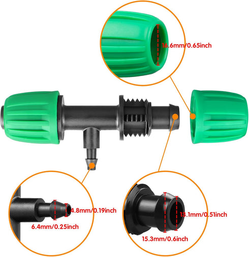 Drip Irrigation Fittings for 1/2 inch Tubing(0.63" OD) to 1/4 inch Irrigation Tubing, 12 Pieces Barbed Tee Drip Parts Twist Locked 3 Way Connector...
