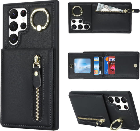 Samsung Galaxy S22 Ultra Case with Card Holder for Women, Samsung Galaxy S22 Ultra phone Case Wallet with Credit Card with Ring Kickstand Zipper S...