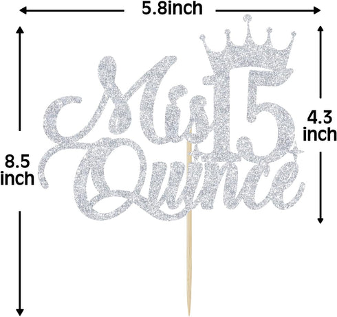 Mis Quince 15 Cake Topper, Cheers to 15 Years, 15th Birthday Cake Decor, Happy 15th Birthday Decorations Silver Glitter...