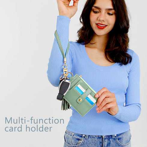 Wristlet Keychain Wallet, Leather Wrist Bracelet Strap Purse, Slim RFID Pocket Credit Card Holder with Lanyard (Card Holder, green)...