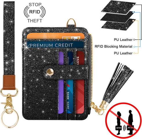 Slim Zipper Credit Card Holder with Keychain Wristlet Small RFID Glitter Leather Wallet with ID Window for Women,Black...