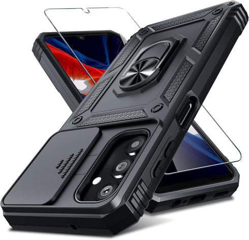 Janmitta Compatible with Galaxy A25 5G Case Built in Slide Camera Lens Cover+Screen Protector+Finger Ring Holder Kickstand,Heavy Duty Shockproof F...