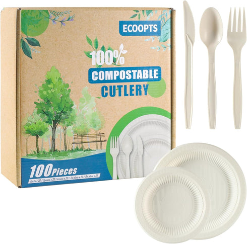 100 Pcs Disposable 100% Compostable Plates Set, Compostable Plate Eco Friendly Dinnerware Kit Includes 20 Plates, Forks, Knives and Spoons for Par...