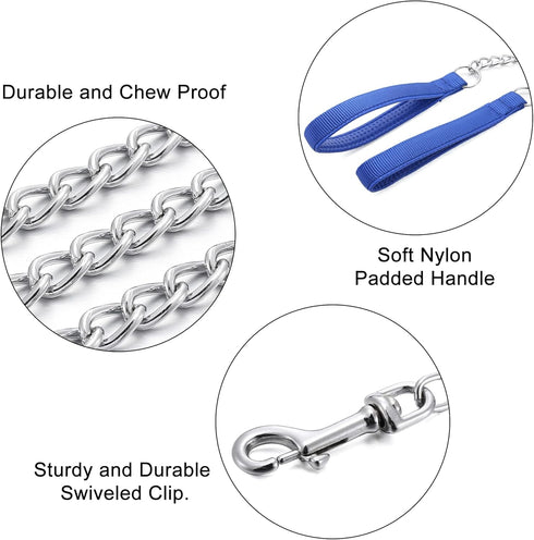 Metal Dog Leash Chew Proof Dog Chain Leash 4ft, 8ft Heavy Duty Sturdy Pet Dog Leash with Red Padded Handle for Large Medium Dogs (4'/3.0mm, Blue H...