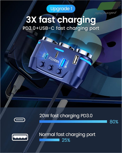 YANTU Cigarette Lighter Adapter, Car Charger Adapter 3 Socket Cigarette Lighter Splitter with LED Voltage Display PD/QC 3.0 Charger On/Off Switche...