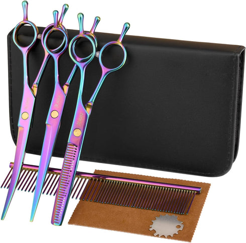 Dog Scissors for Grooming with Safety Blunt Tip, Dog Grooming Scissors Set for Pets, Professional 7 in 1 Grooming Scissors for Dogs and Cats - 6CR...